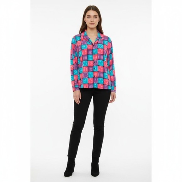 Notations Tops - Notations Womens Size XL Colorful Checkered Blouse Button Collared Purple Pink